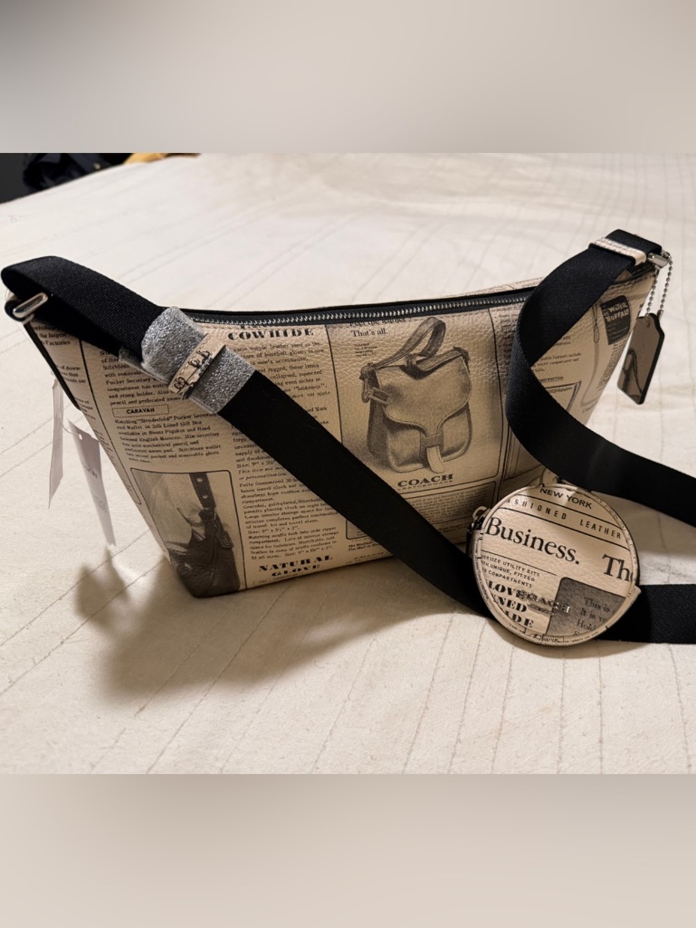 Coach Newspaper Print Shoulder Bag in Cream and Black - Picture 5 of 14